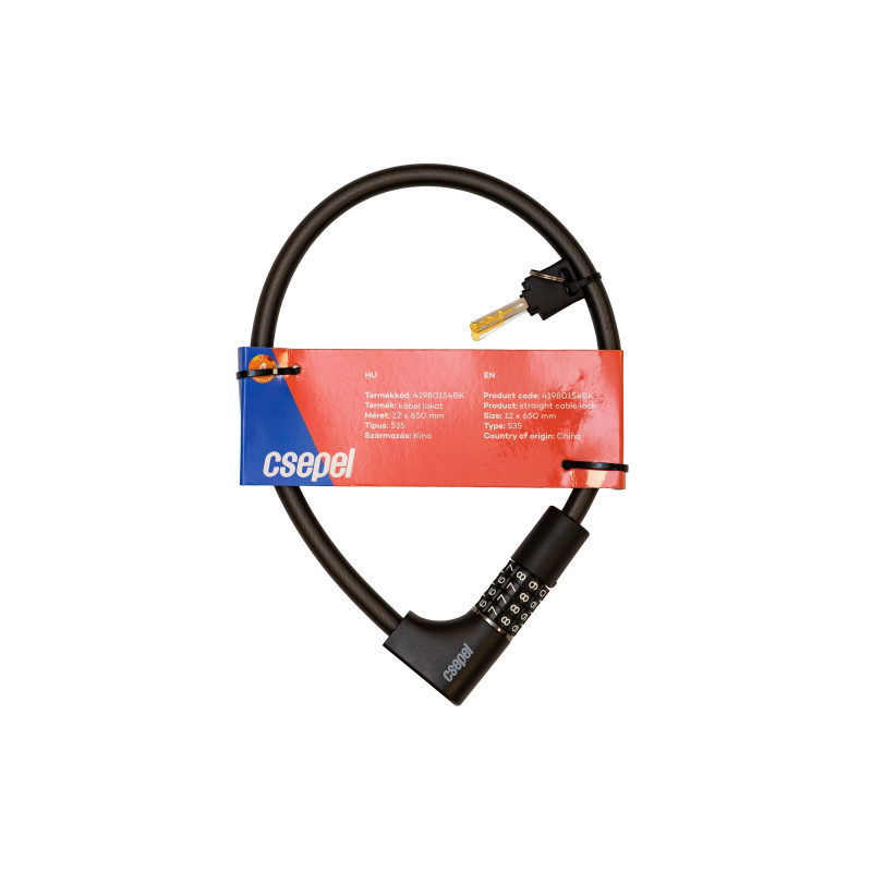 Zár kábel kulcsos-számos 12 x  650 mm - csepel (tartóval) fekete