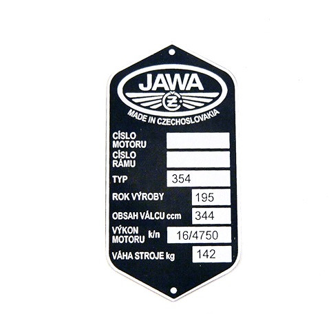 Típustábla JAWA 354 KYWACKA-350 Típustábla JAWA 354 KYWACKA-350